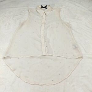 ALI & KRIS WOMEN'S WHITE SHEER HIGH LOW BUTTON UP RHINESTONE SLEEVELESS BLOUSE L